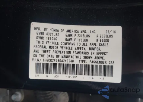 2016 Honda Accord Ex из США, поврежденный, VIN 1HGCR2F78GA240048